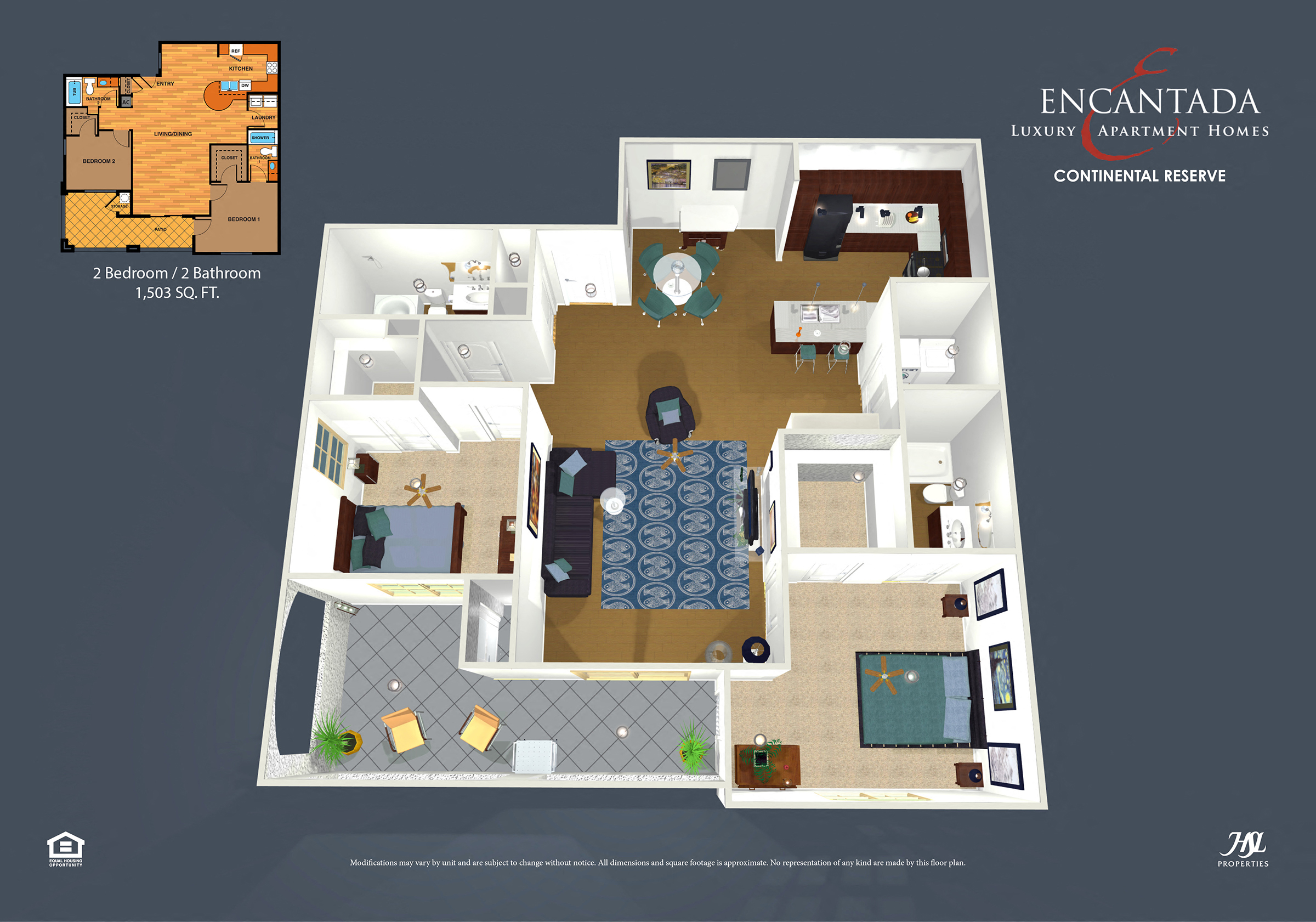 Floor plan for 2 beds, 2 baths, 1503 sqft